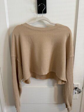 SO Cropped Waffle Knit Sweater | Size S | Beige Long Sleeve Top NWT